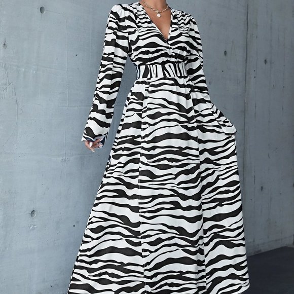 Black And White Preppy Womens Zebra Striped Lace Up Back Wrap Maxi Dress - Picture 4 of 5